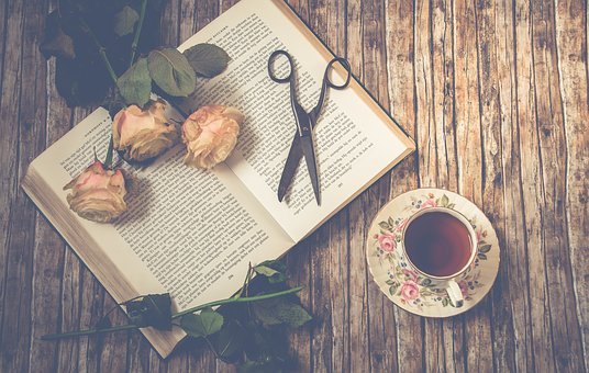Tea, Scissors, Roses, Book, Petals